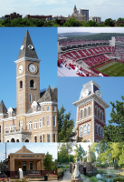 Clockwise from top: Fayetteville skyline around the Historic Square, Donald W. Reynolds Razorback Stadium, Old Main, Wilson Park, the Fayetteville Depot, and the Washington County Courthouse.