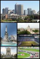 Clockwise from top: Downtown Indianapolis skyline, as seen from IUPUI, the Indiana Statehouse, Lucas Oil Stadium, Indianapolis Motor Speedway, the Indiana World War Memorial Plaza, and the Soldiers' and Sailors' Monument.