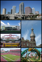 Images from top, left to right: Skyline of Downtown Tampa, Amalie Arena, Ybor City, Henry B. Plant Museum, Raymond James Stadium, Busch Gardens Tampa Bay