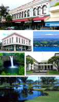 Top: S. Hata Building. Upper Left: Hilo Masonic Lodge Hall. Upper Right: Hilo Bay with Mauna Kea. Lower Left: Rainbow Falls (Hawaii). Lower Right: Federal Building, United States Post Office and Courthouse (Hilo, Hawaii). Bottom: Liliuokalani Park and Gar