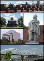 Clockwise from top: Lock and Dam No. 15, statue of Black Hawk, Rock Island Centennial Bridge, Quad City Botanical Center, replica of a Fort Armstrong blockhouse.