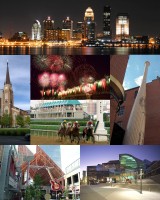 From top: Louisville downtown skyline at night, Cathedral of the Assumption, Thunder Over Louisville fireworks during the Kentucky Derby Festival, Kentucky Derby, Louisville Slugger Museum & Factory, Fourth Street Live!, The Kentucky Center for the Perfor