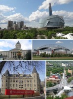 Clockwise from top: Downtown featuring the Canadian Museum for Human Rights,  Investors Group Field, Saint Boniface and the Esplanade Riel bridge, Wesley Hall at the University of Winnipeg, Manitoba Legislative Building.