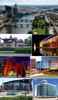 Images from top to bottom, left to right: downtown cityscape, Meyer May House, Gerald R. Ford Presidential Museum,