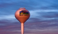 The City of Mahtomedi water tower at sunset.