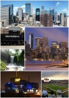 Clockwise from top: Downtown Minneapolis, Downtown, TCF Bank Stadium, the Guthrie Theater, Minnehaha Falls, and First Avenue and 7th St Entry nightclub