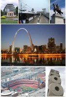 From top left: Forest Park Jewel Box, MetroLink at Lambert-St. Louis International Airport, Apotheosis of St. Louis at the Saint Louis Art Museum, The Gateway Arch and the St. Louis skyline, Busch Stadium, and the St. Louis Zoo