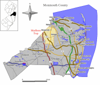 Map of Marlboro Township in Monmouth County. Inset: Location of Monmouth County highlighted in the State of New Jersey.