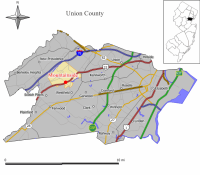 Map of Mountainside in Union County. Inset: Union County highlighted in the State of New Jersey.