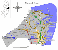 Map of Wall Township in Monmouth County. Inset: Location of Monmouth County highlighted in the State of New Jersey.