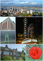 Clockwise: Aerial view from Southwest Portland; the St. Johns Bridge; the International Rose Test Garden; Reed College; MAX Light Rail stop; the Arlene Schnitzer Concert Hall; the Benson Hotel