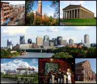 From top left: 2nd Avenue, Kirkland Hall at Vanderbilt University, the Parthenon, the Nashville skyline, Nissan Stadium, Dolly Parton performing at the Grand Ole Opry, and Ryman Auditorium