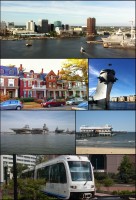 Clockwise from top: Downtown Norfolk skyline as viewed from across the Elizabeth River,  battleship museum, Ocean View Pier, The Tide light rail, ships at Naval Station Norfolk, historic homes in Ghent
