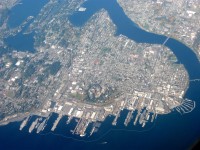 Aerial view of the city with Puget Sound Naval Shipyard at the bottom