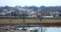 Kaukauna's south side downtown, as seen from the Statue Park on the North Side.  The Fox River is in the foreground and the Civic Center is on the far right.