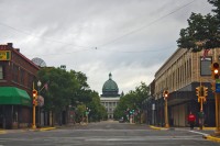 Looking east at downtown Rhinelander with view of the Oneida County Courthouse dome