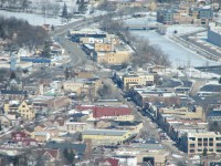 An Aerial view of downtown West Bend Wisconsin.